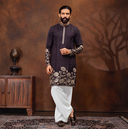Midnight Black Lotus Embroidered Men’s Kurta Set