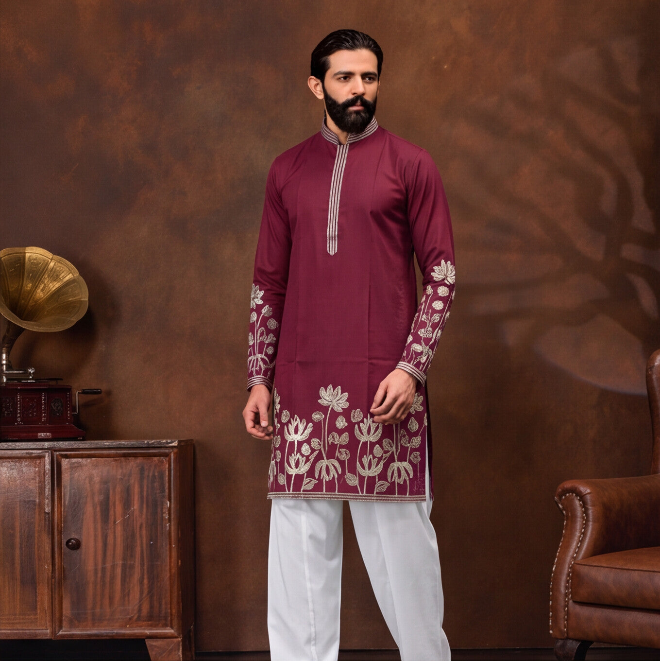 Burgundy Lotus Embroidered Men’s Kurta Set