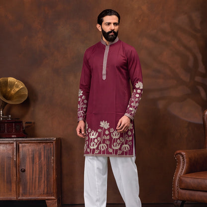 Burgundy Lotus Embroidered Men’s Kurta Set