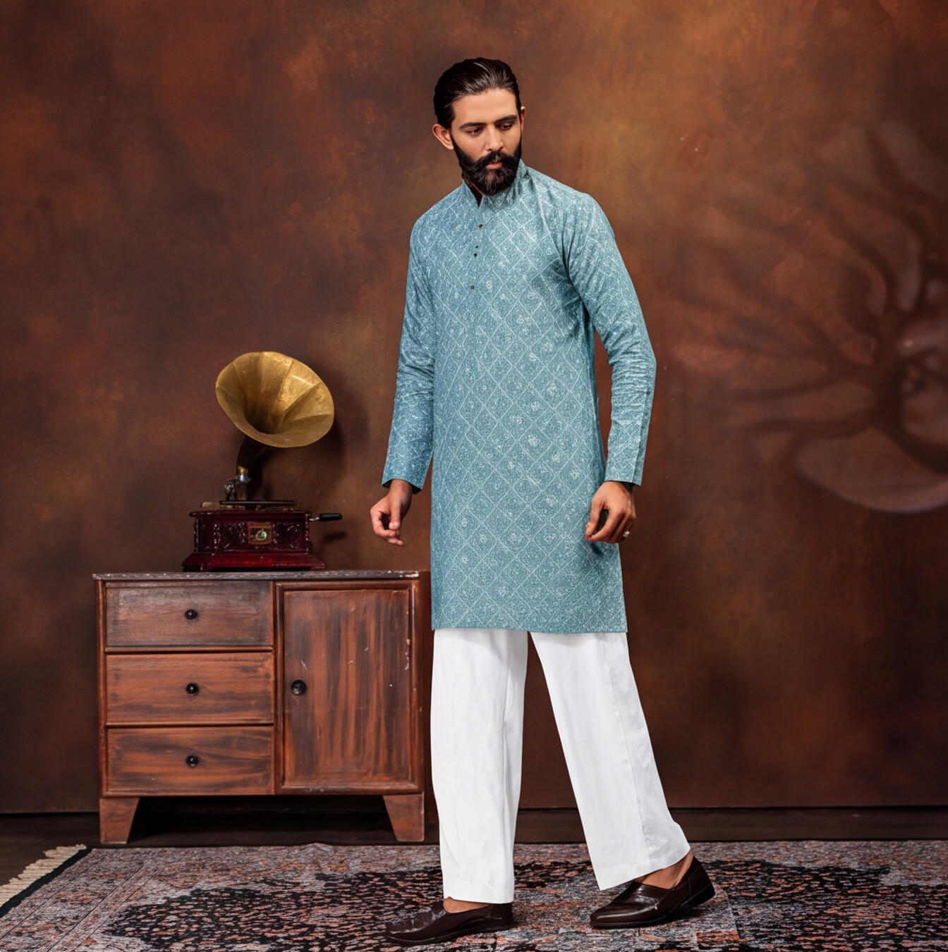 Aqua Blue Diamond Texture Men’s Kurta Set