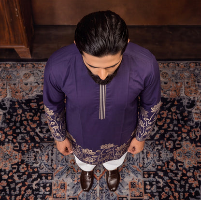 Royal Plum Lotus Embroidered Men’s Kurta Set