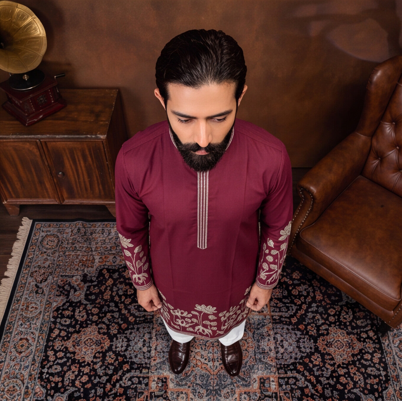 Burgundy Lotus Embroidered Men’s Kurta Set