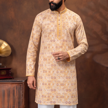 Golden Sand Floral Print Men’s Kurta Set