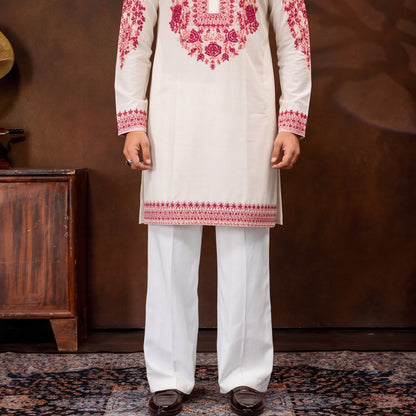 Ivory Crimson Heritage Embroidered Men’s Kurta Set
