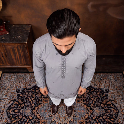 Silver Grey Mandala Embroidered Men’s Kurta Set