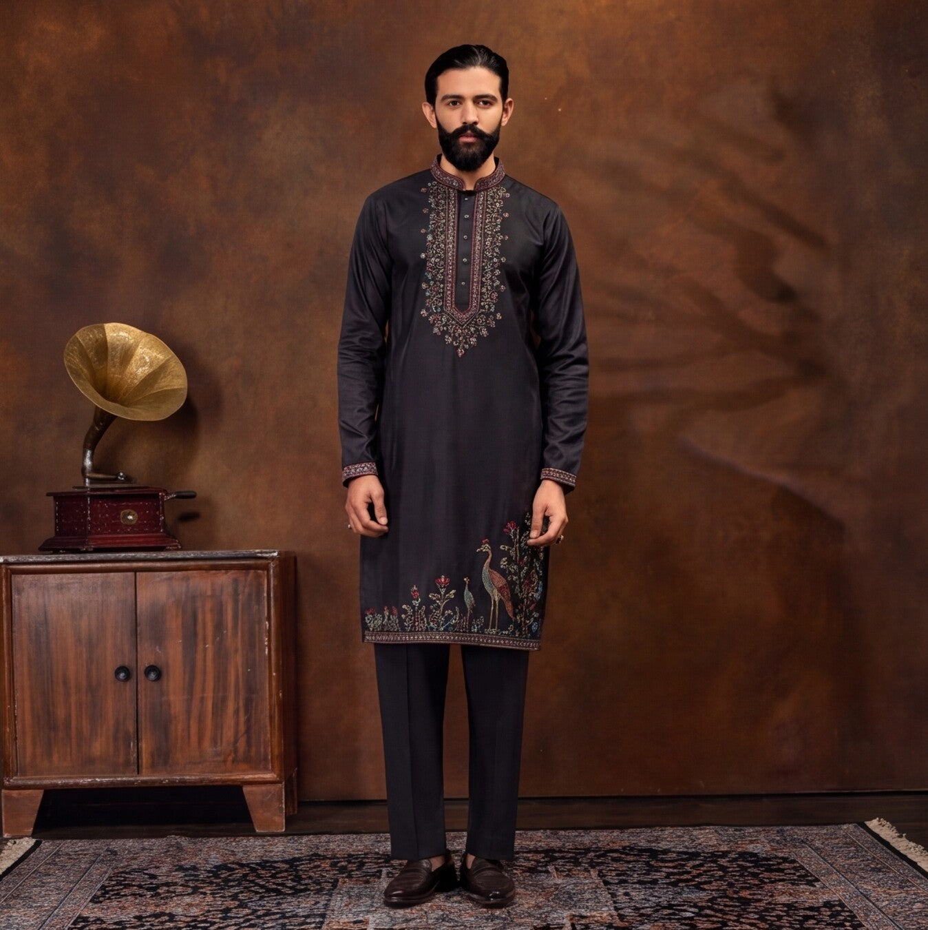 Men’s Black Embroidered Kurta Pant Set