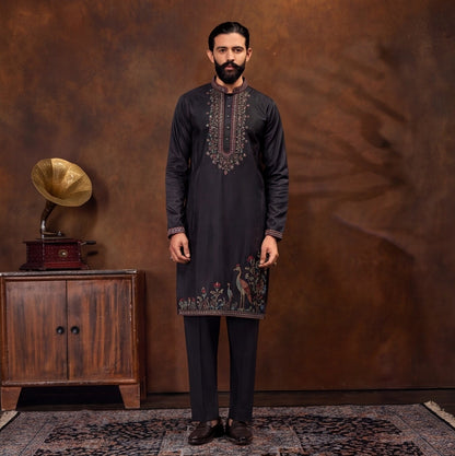 Men’s Black Embroidered Kurta Pant Set