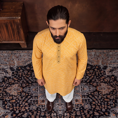 Mustard Gold Geometric Print Men’s Kurta Set