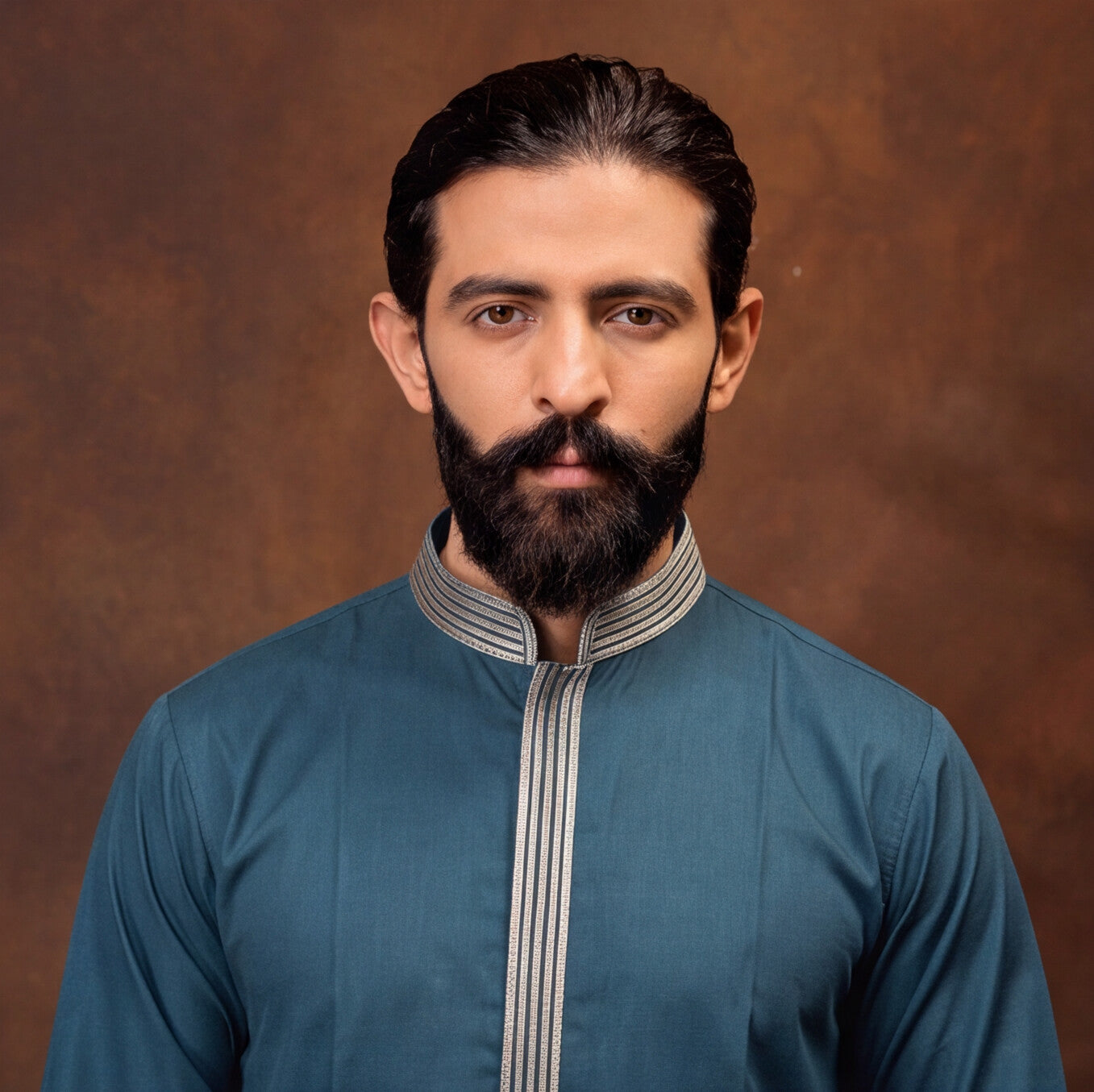 Teal Blue Lotus Embroidered Men’s Kurta Set