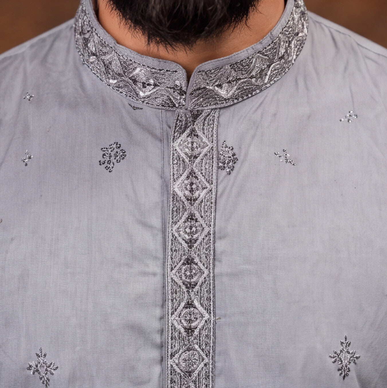 Silver Grey Mandala Embroidered Men’s Kurta Set