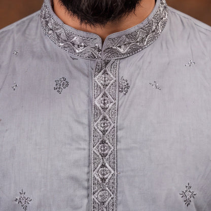 Silver Grey Mandala Embroidered Men’s Kurta Set