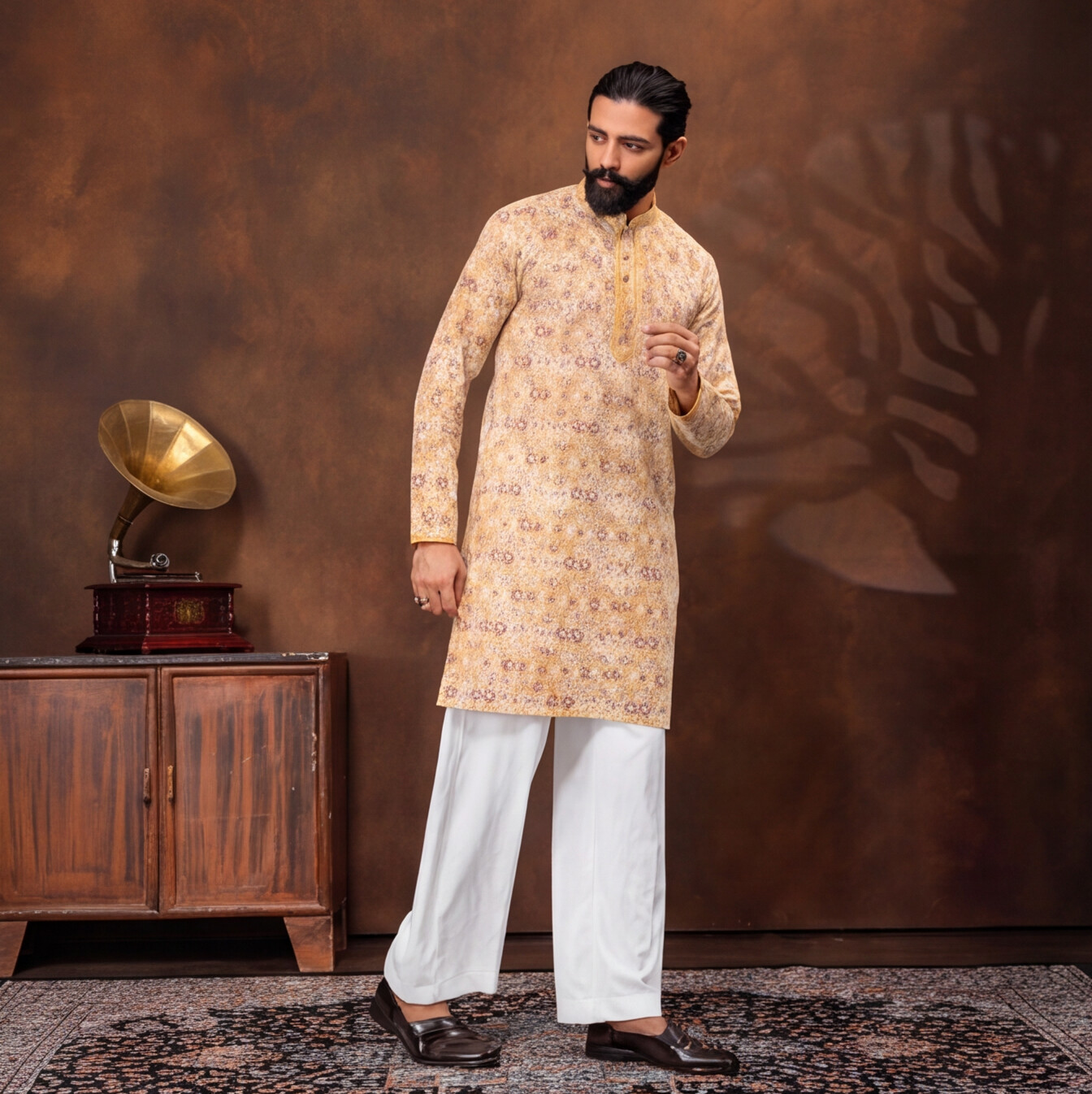Golden Sand Floral Print Men’s Kurta Set