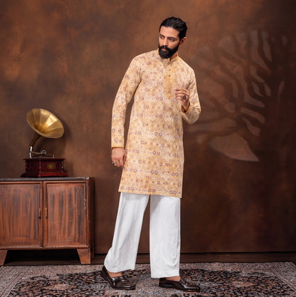 Golden Sand Floral Print Men’s Kurta Set