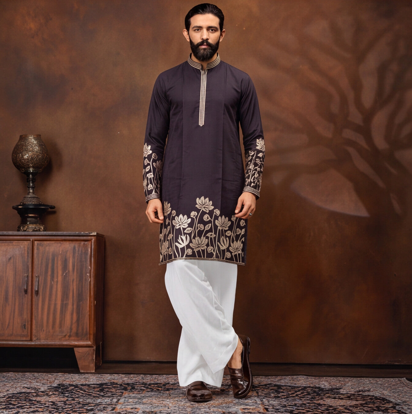 Midnight Black Lotus Embroidered Men’s Kurta Set