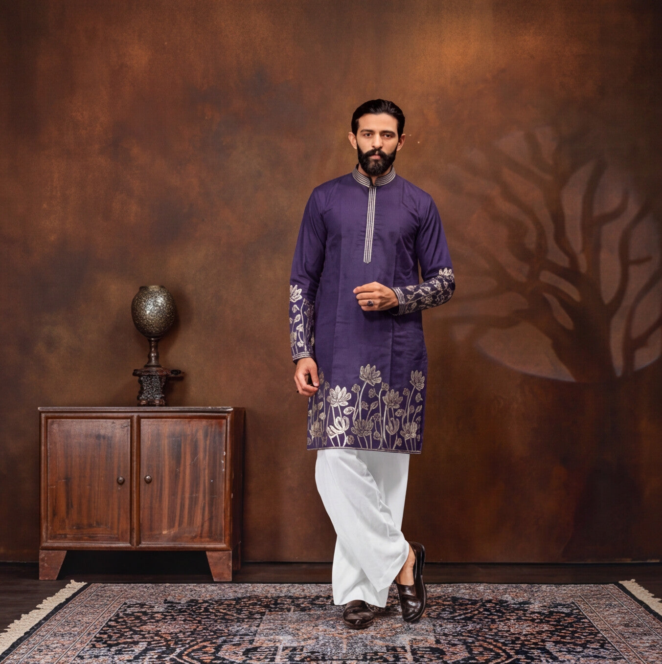 Royal Plum Lotus Embroidered Men’s Kurta Set
