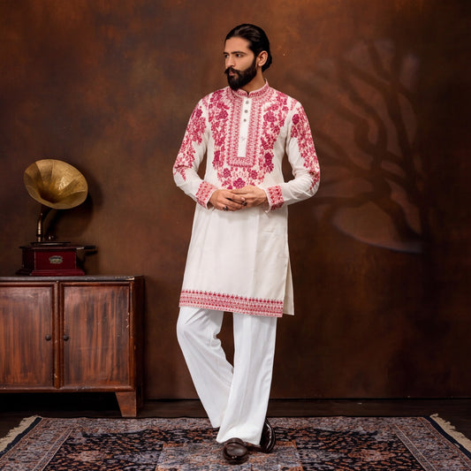 Ivory Crimson Heritage Embroidered Men’s Kurta