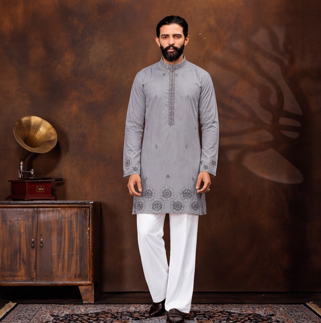 Silver Grey Mandala Embroidered Men’s Kurta Set