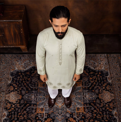 Ivory Sage Mandala Embroidered Men’s Kurta Set