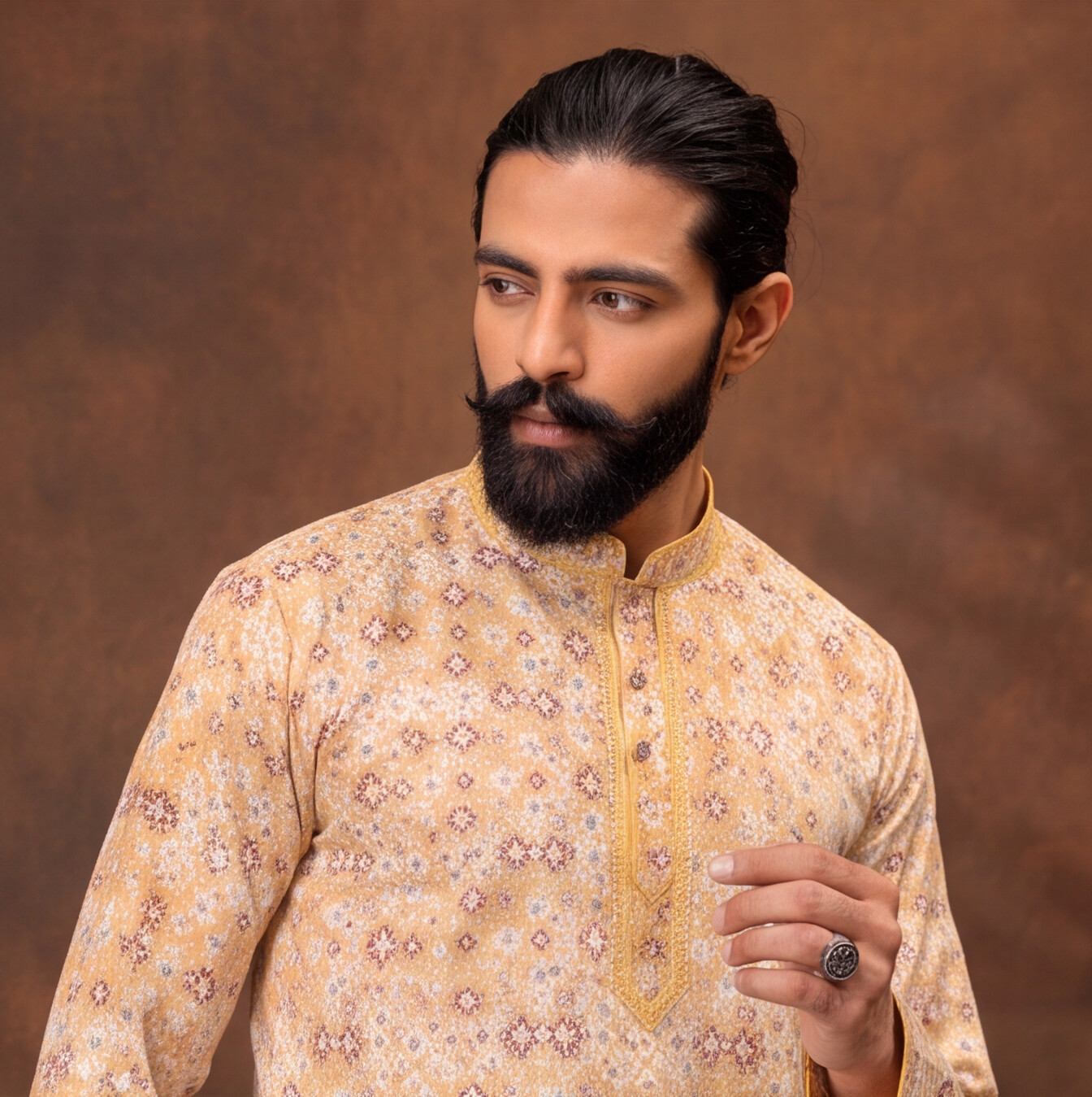 Golden Sand Floral Print Men’s Kurta Set