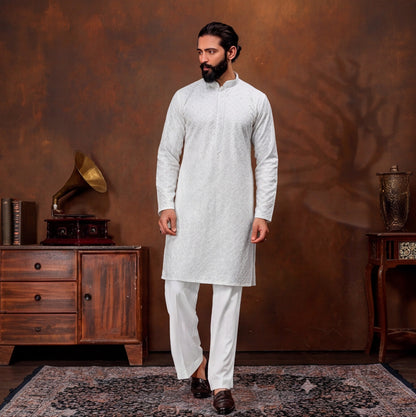 Pearl White Textured Men’s Kurta Set