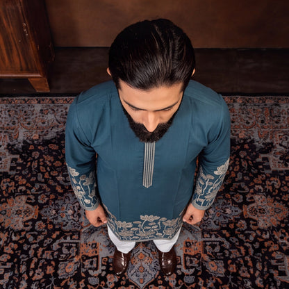 Teal Blue Lotus Embroidered Men’s Kurta Set