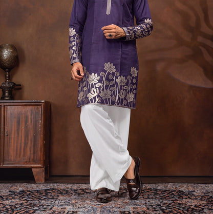 Royal Plum Lotus Embroidered Men’s Kurta Set