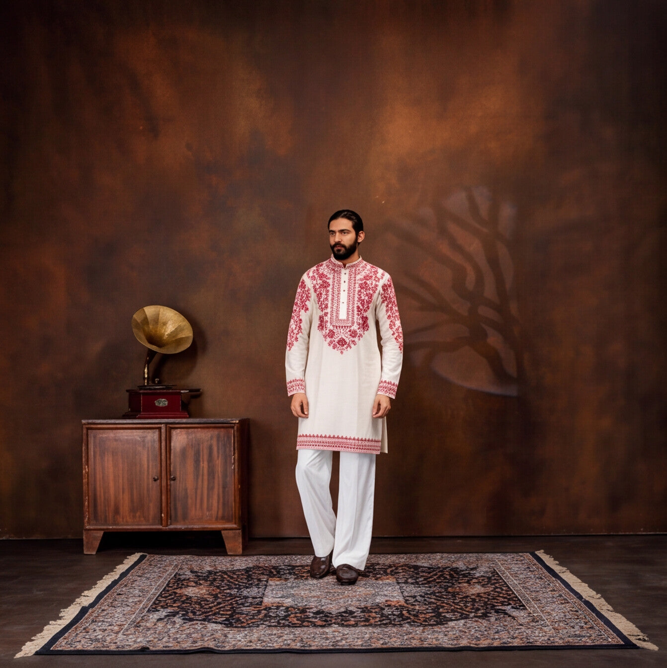 Ivory Crimson Heritage Embroidered Men’s Kurta Set