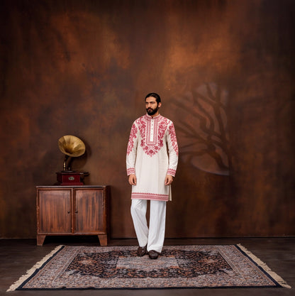 Ivory Crimson Heritage Embroidered Men’s Kurta Set