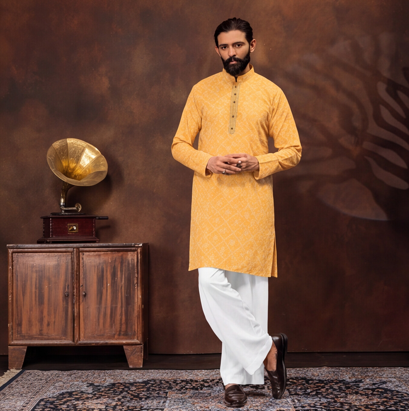 Mustard Gold Geometric Print Men’s Kurta Set
