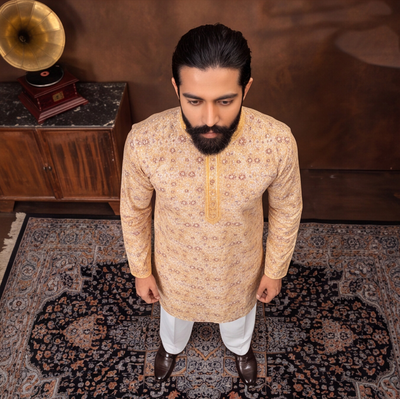 Golden Sand Floral Print Men’s Kurta Set