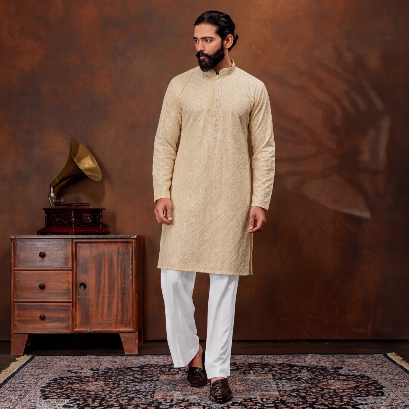 Royal Sand Beige Textured Men’s Kurta Set