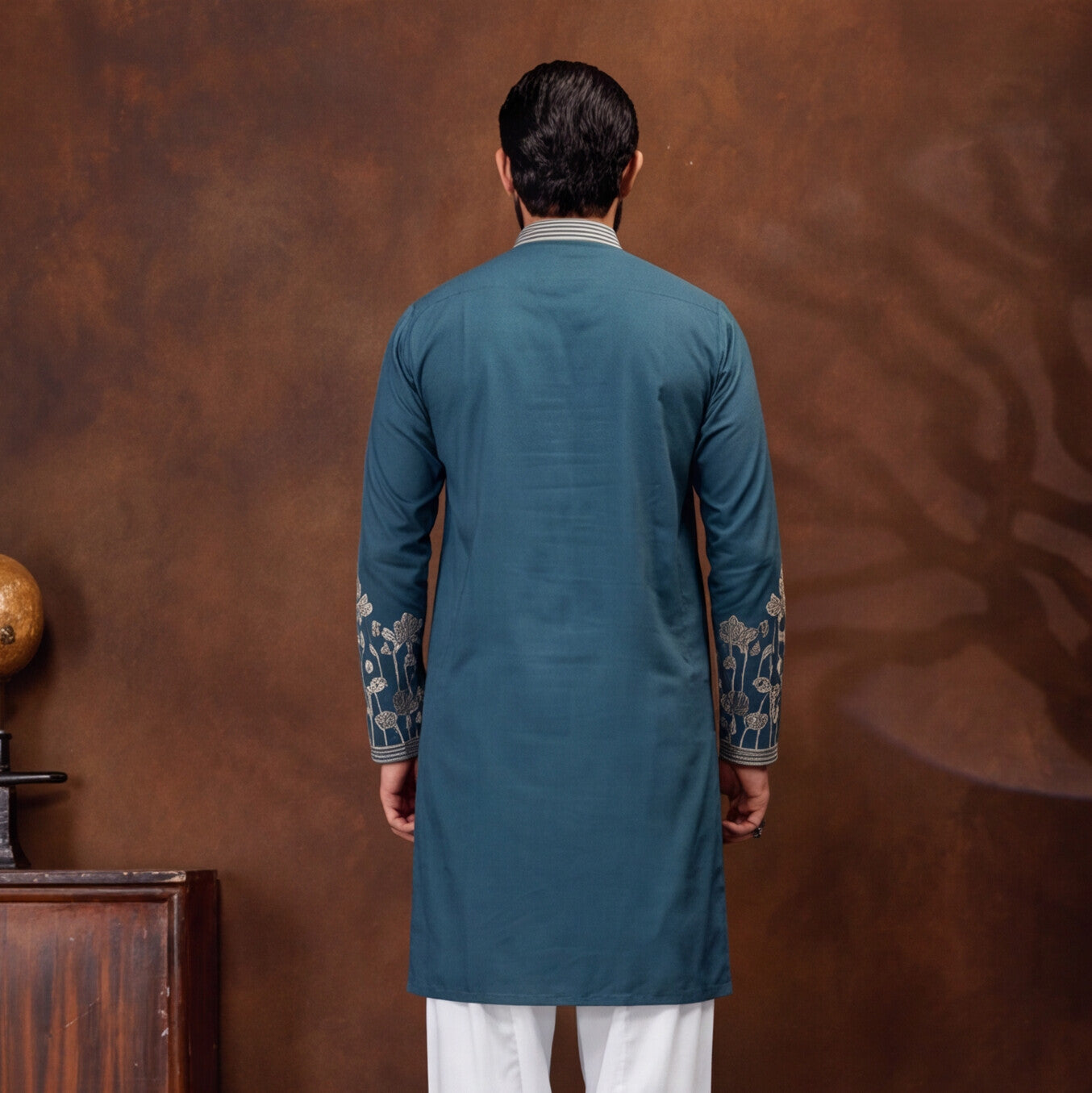 Teal Blue Lotus Embroidered Men’s Kurta Set