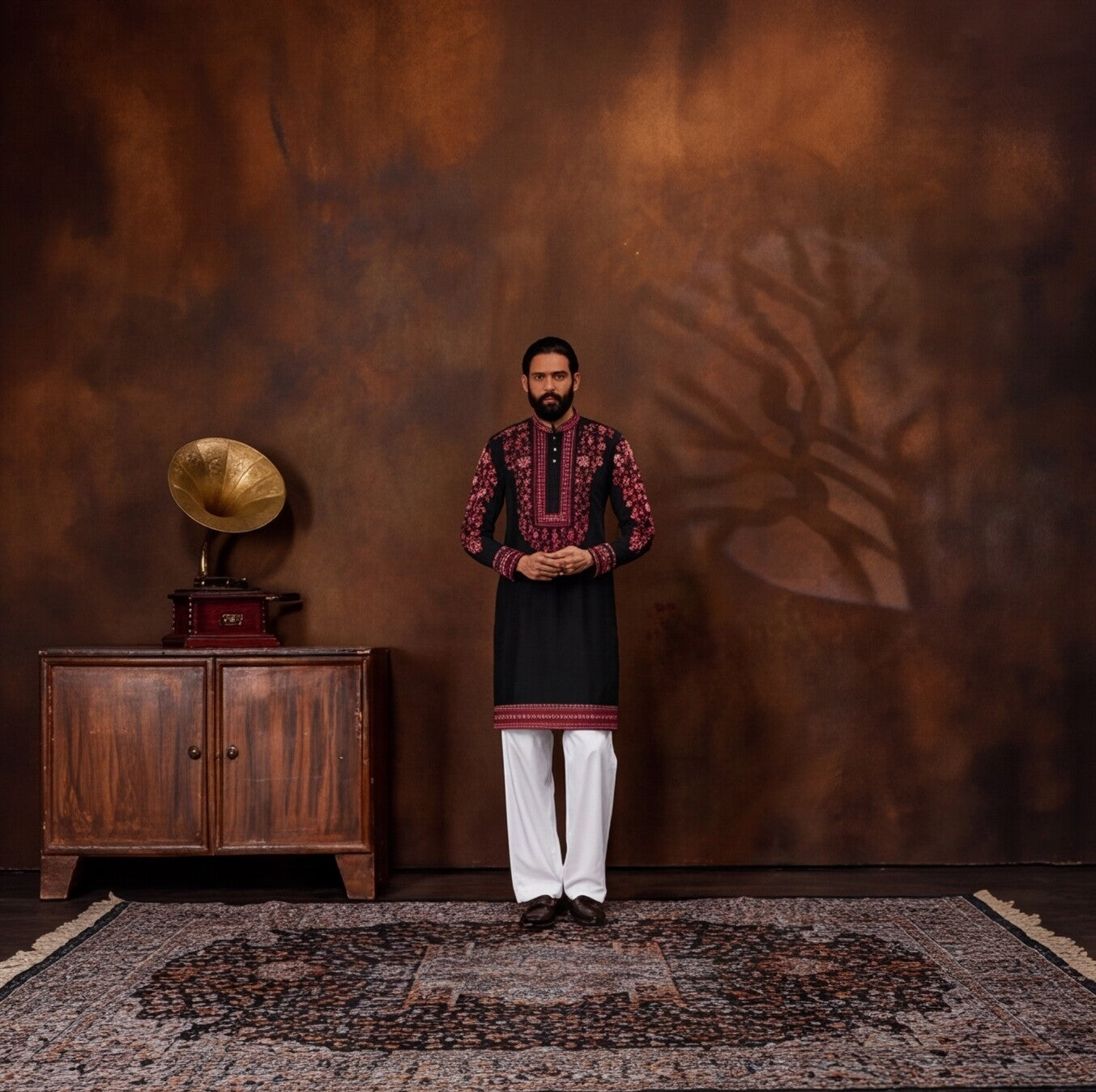 Midnight Black Crimson Floral Embroidered Men’s Kurta Set