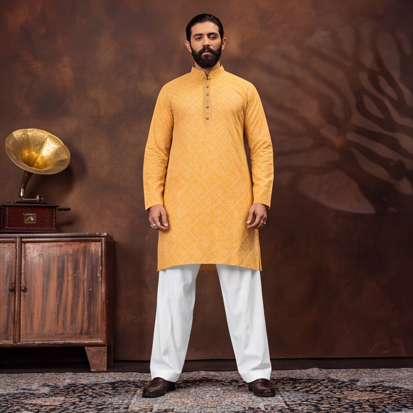 Mustard Gold Geometric Print Men’s Kurta Set