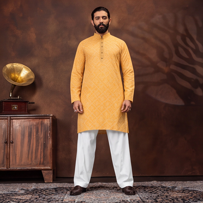 Mustard Gold Geometric Print Men’s Kurta Set