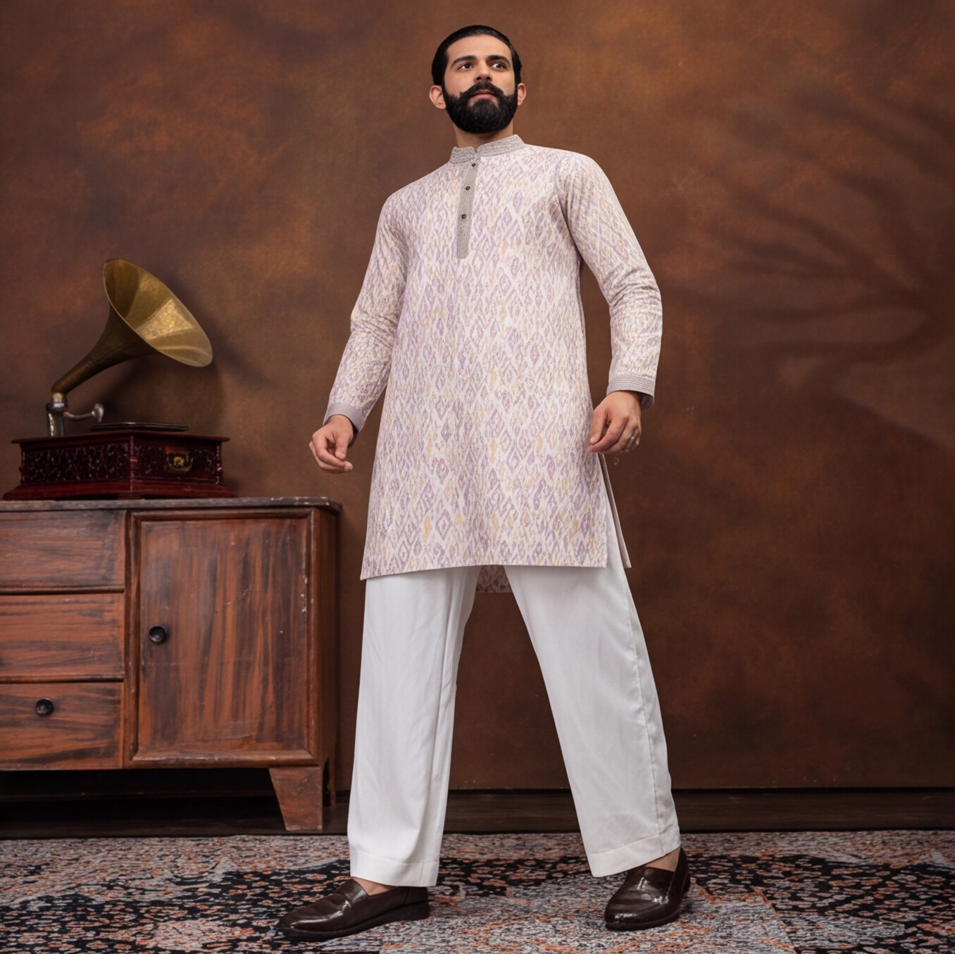Ivory Lavender Ikat Heritage Men’s Kurta Set