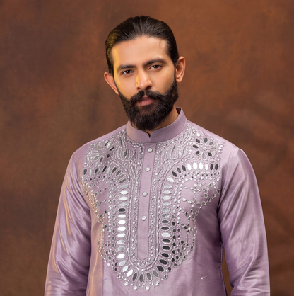 Lavender Royale Mirror Embroidered Men’s Kurta Set