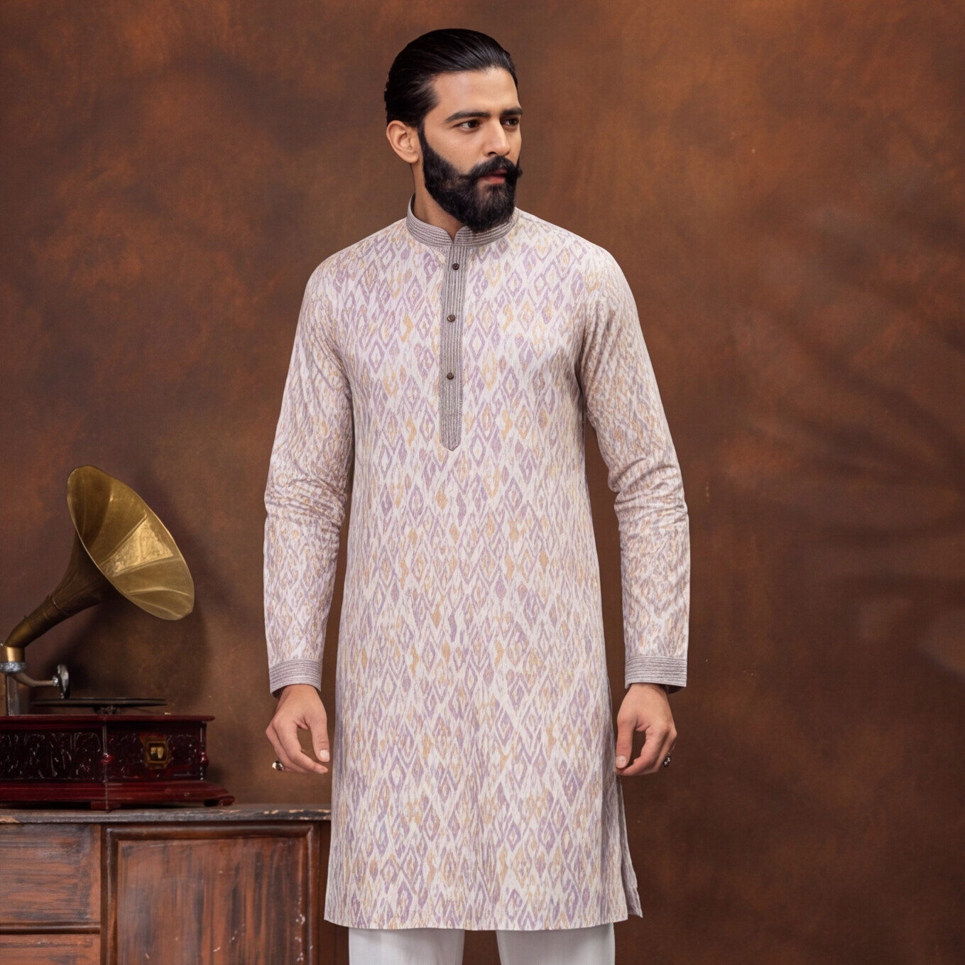 Ivory Lavender Ikat Heritage Men’s Kurta Set