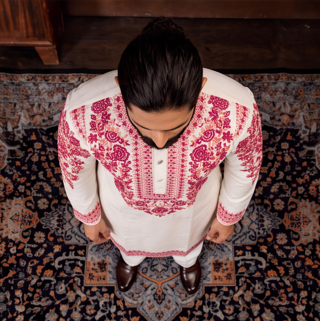 Ivory Crimson Heritage Embroidered Men’s Kurta Set