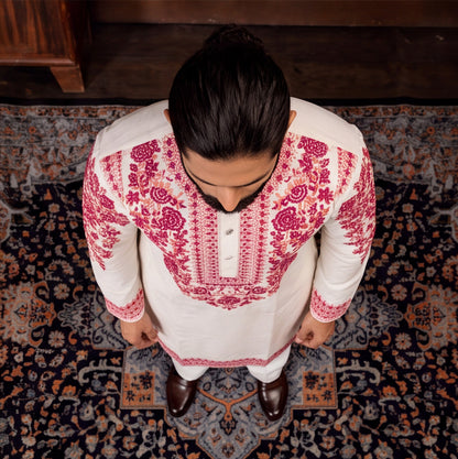 Ivory Crimson Heritage Embroidered Men’s Kurta Set