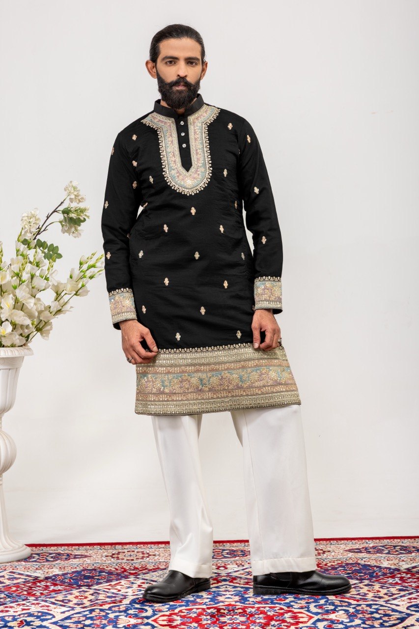 Men's Black Premium Embellished Kurta with White Pants