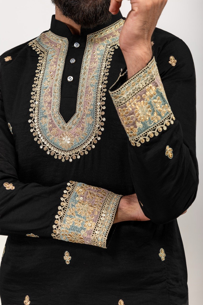Men's Black Premium Embellished Kurta with White Pants