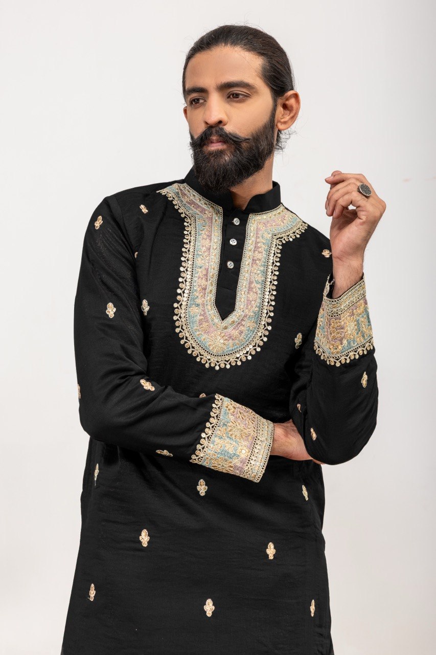 Men's Black Premium Embellished Kurta with White Pants