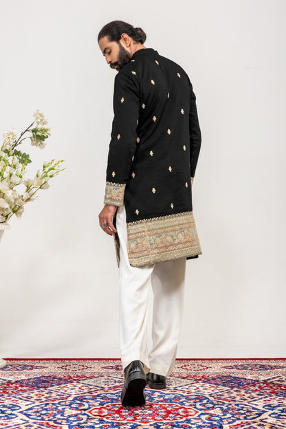 Men's Black Premium Embellished Kurta with White Pants