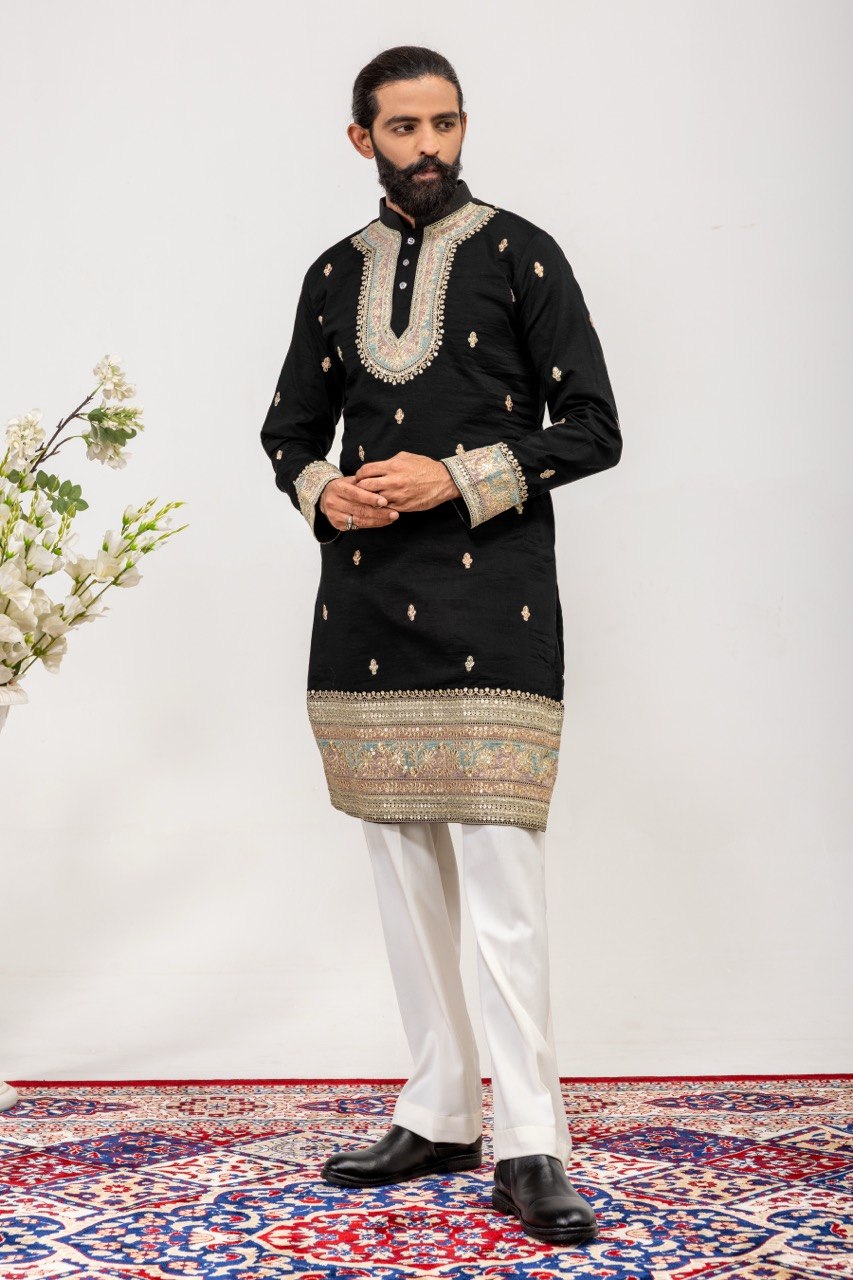 Men's Black Premium Embellished Kurta with White Pants
