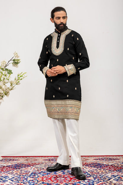 Men's Black Premium Embellished Kurta with White Pants