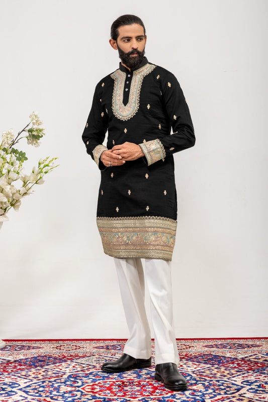 Men's Black Premium Embellished Kurta with White Pants