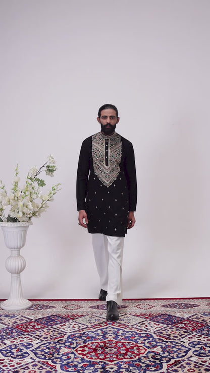 Luxury Black Embroidered Men’s Kurta Pajama Set