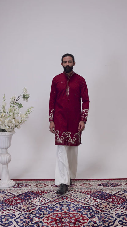 Royal Maroon Embroidered Men’s Kurta Pajama Set