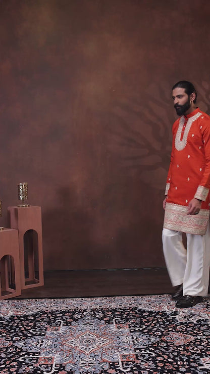 Rust Orange Embroidered Men’s Kurta Set